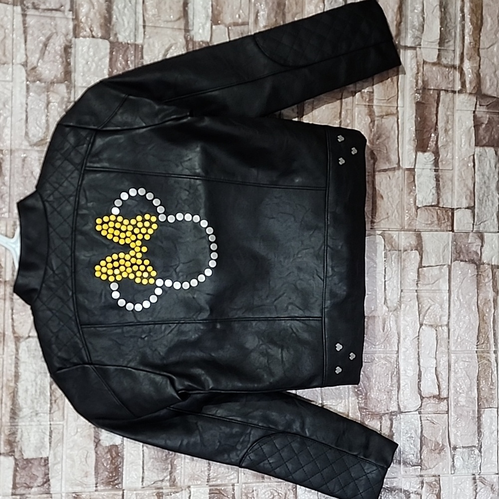 Disney Cute Minnie Mouse Black Faux Leather Jacket Brand New